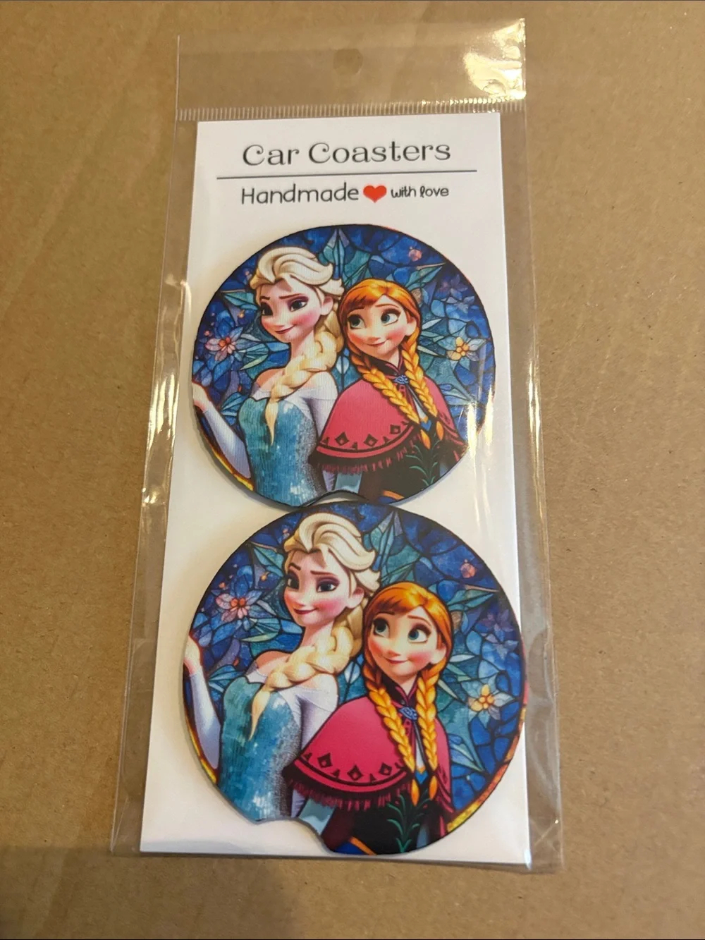 Handmade Frozen-Inspired Elsa & Anna Car Coasters - Blue & Pink